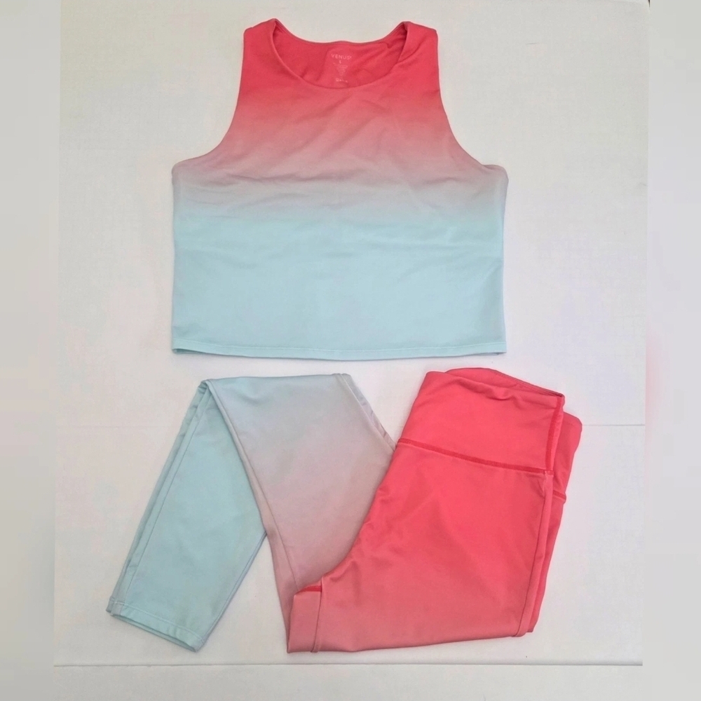 Venus 2 Piece Set Large L Pink & Blue Ombre Built In Sports Bra Top